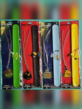 4 Angry Birds Character Necklace & Slap Bracelet Sets - Multi Color